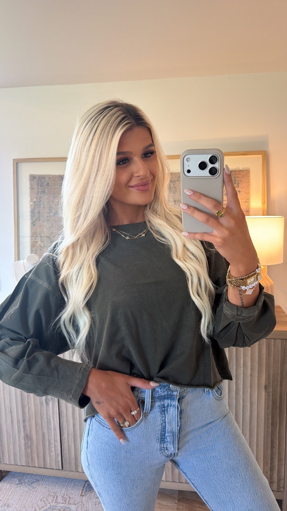 Vintage Oversized Long Sleeve Tee - Dark Olive