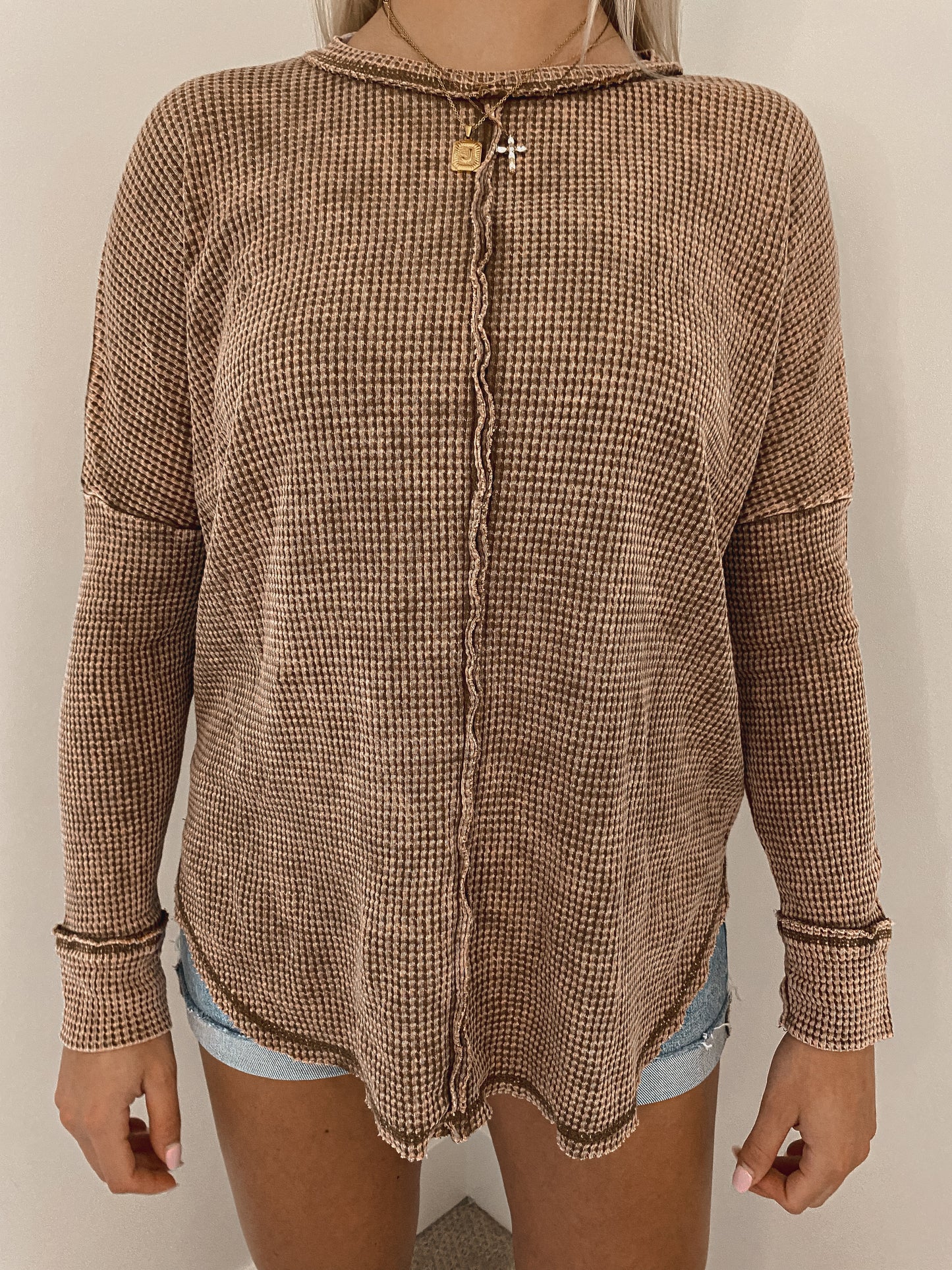 Oversized Waffle Long Sleeve Top - Camel