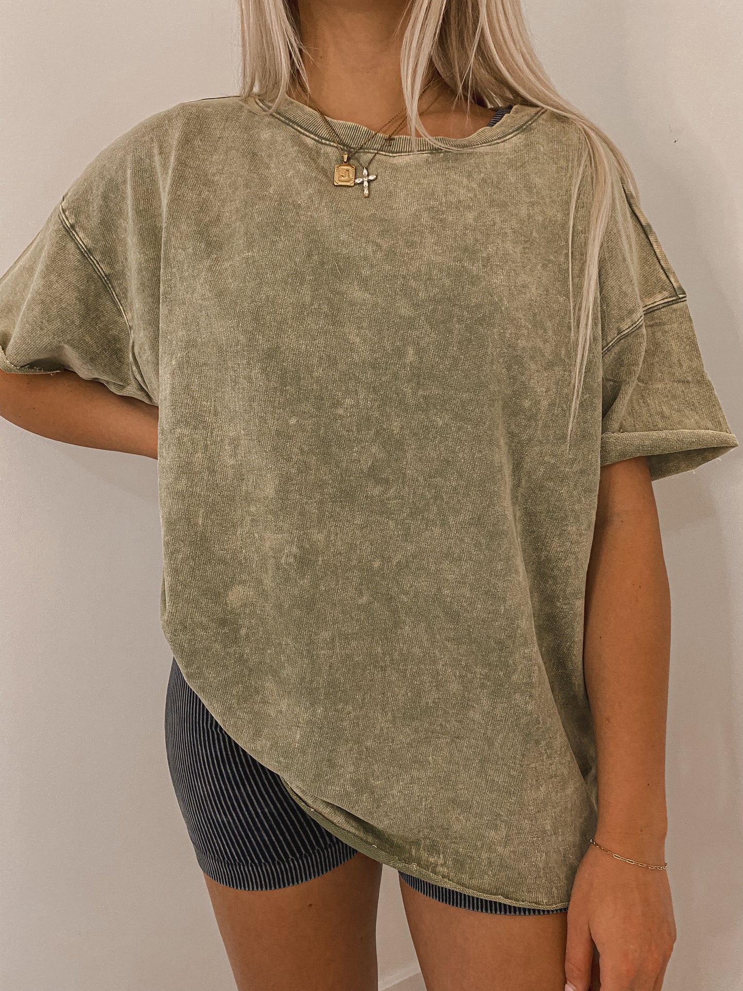 Acid Wash Drop Shoulder Top - Light Olive