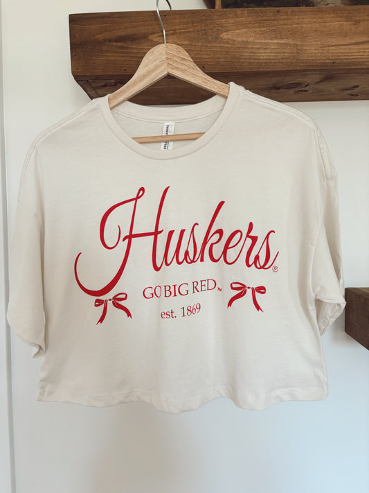 Huskers Bow Cropped Tee - White