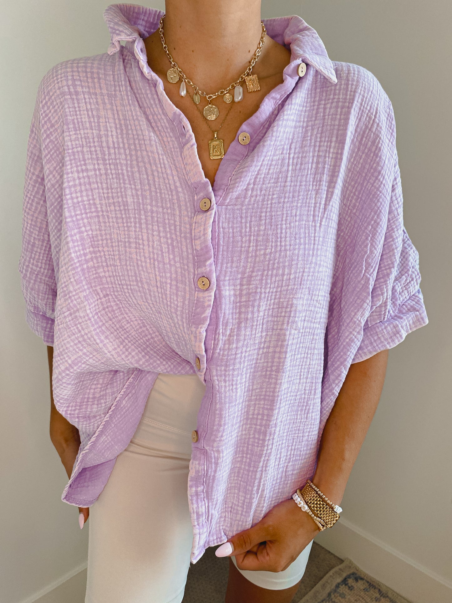 Gauze Button Down Short Sleeve - Pale Lilac