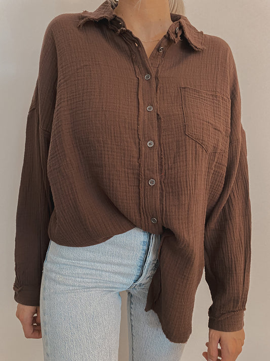 Oversized Gauze Button Down - Brown