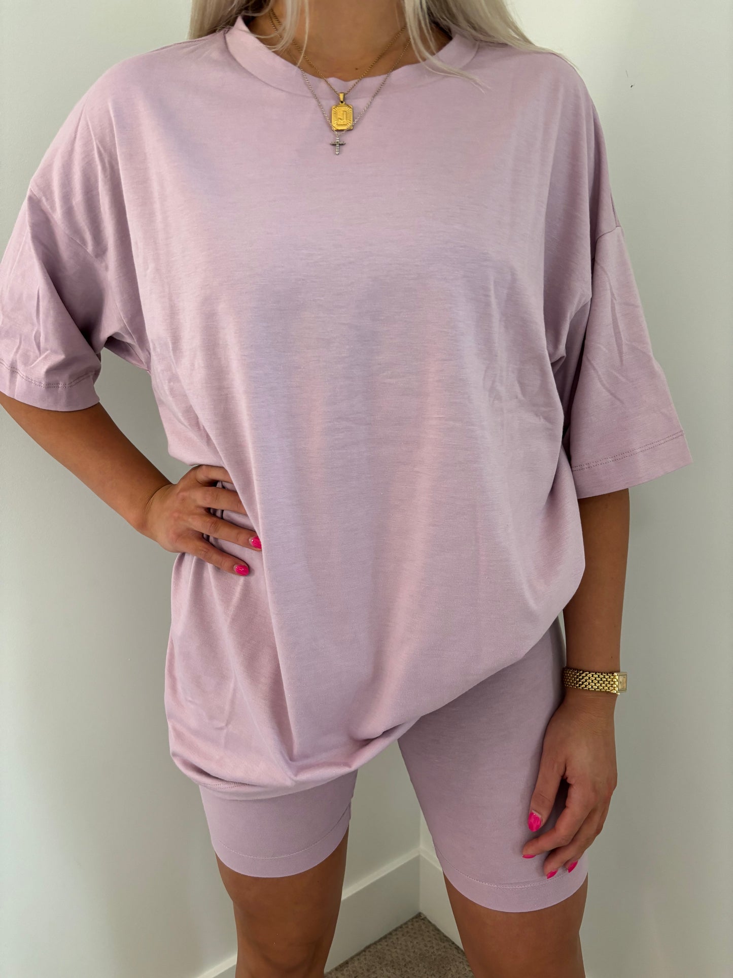 Oversized Tee and Biker Set - Lilac