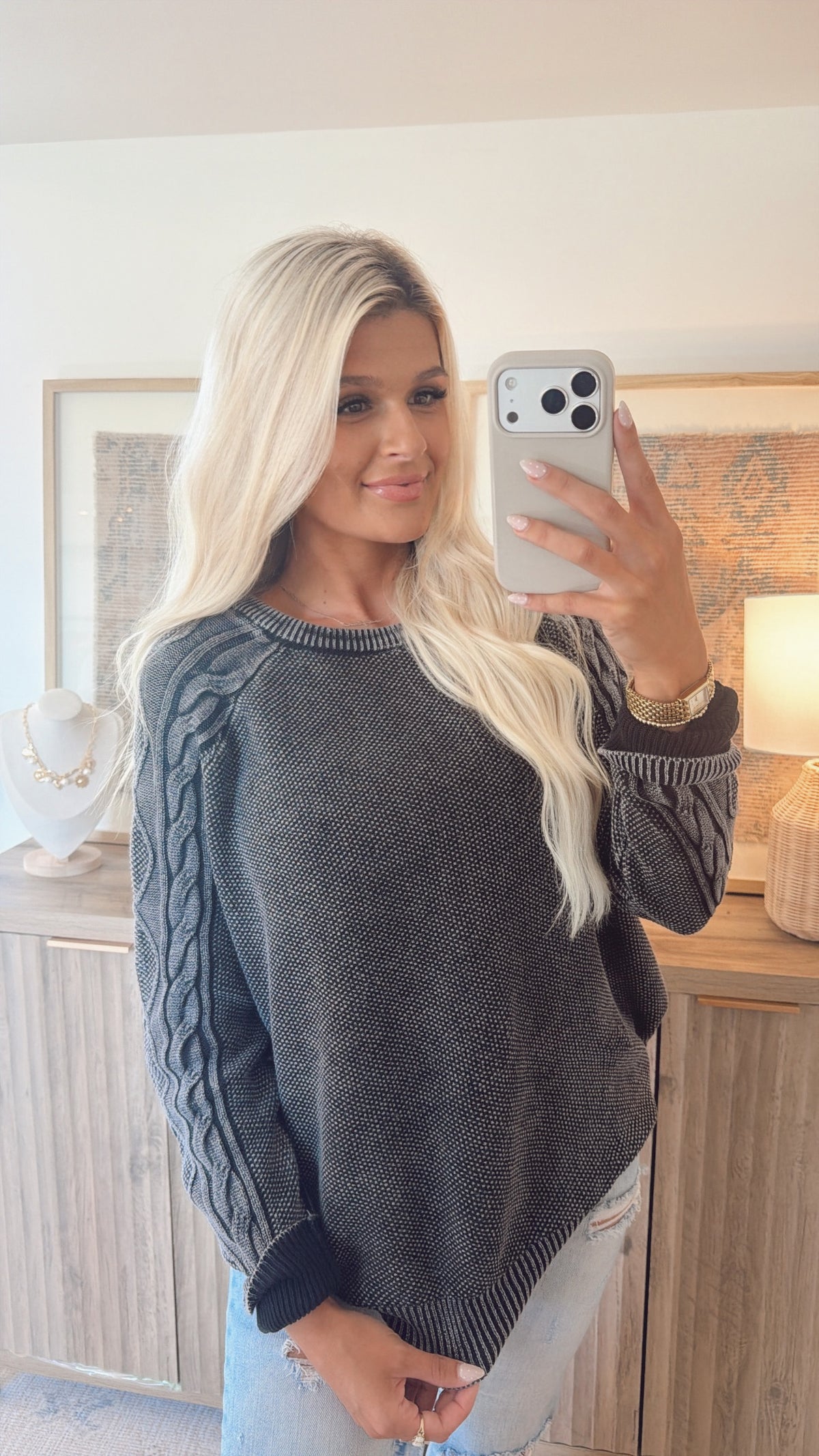 The Drew Cable Knit Sleeve Sweater - Ash Black