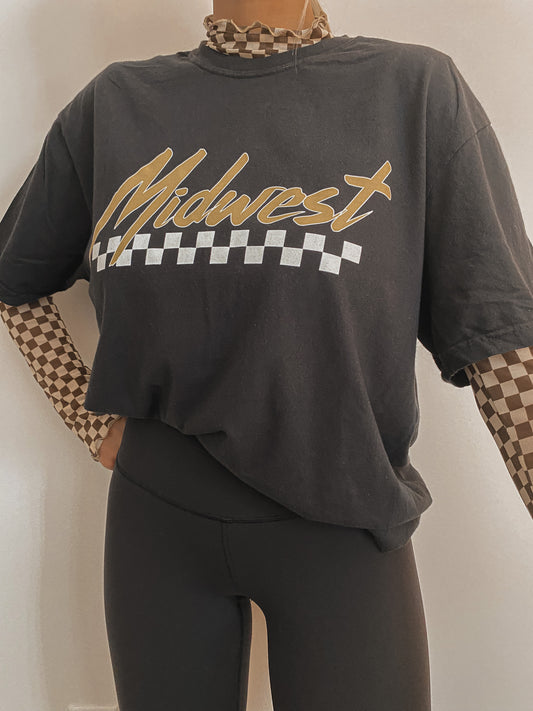 Midwest Checkered Boho Graphic Tee - Black