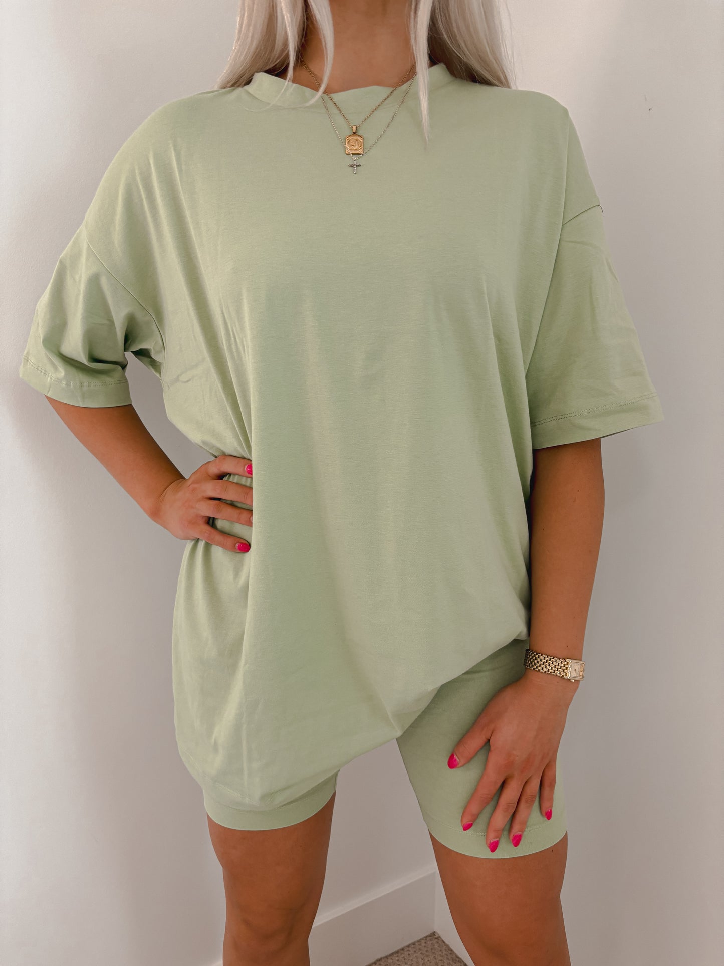 Oversized Tee and Biker Set - Foam Green