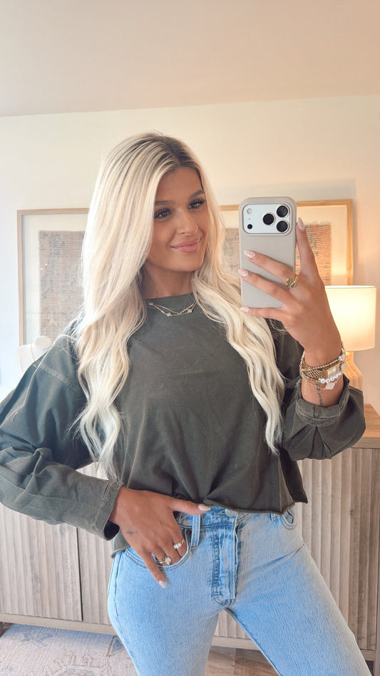 Vintage Oversized Long Sleeve Tee - Dark Olive