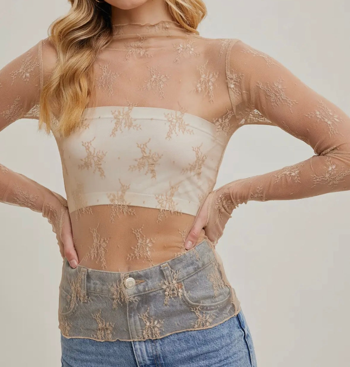 Lace Mesh Layering Top - Nude