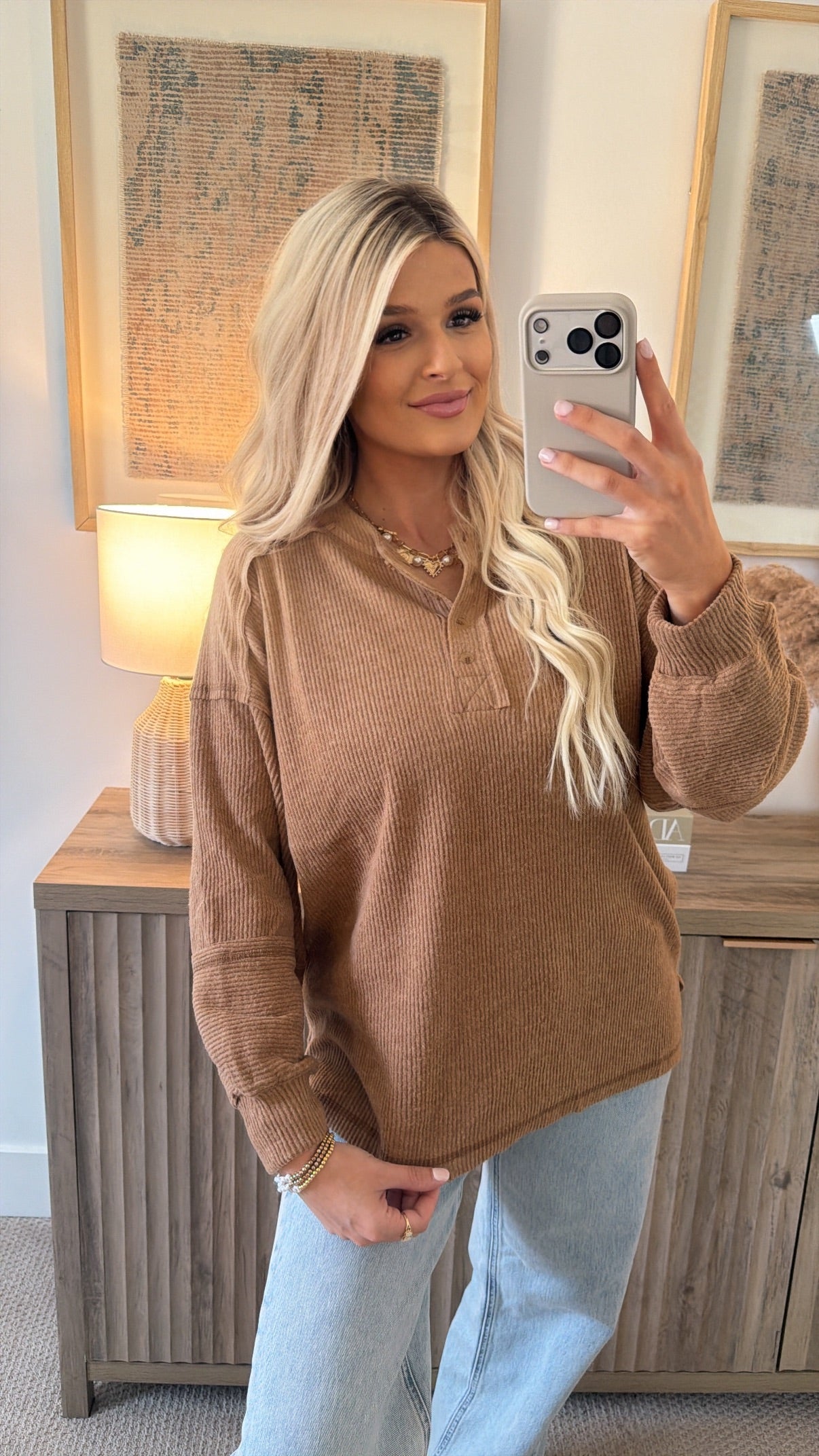 The Sara Ribbed Henley Sweater - Camel – West + Wade Boutique