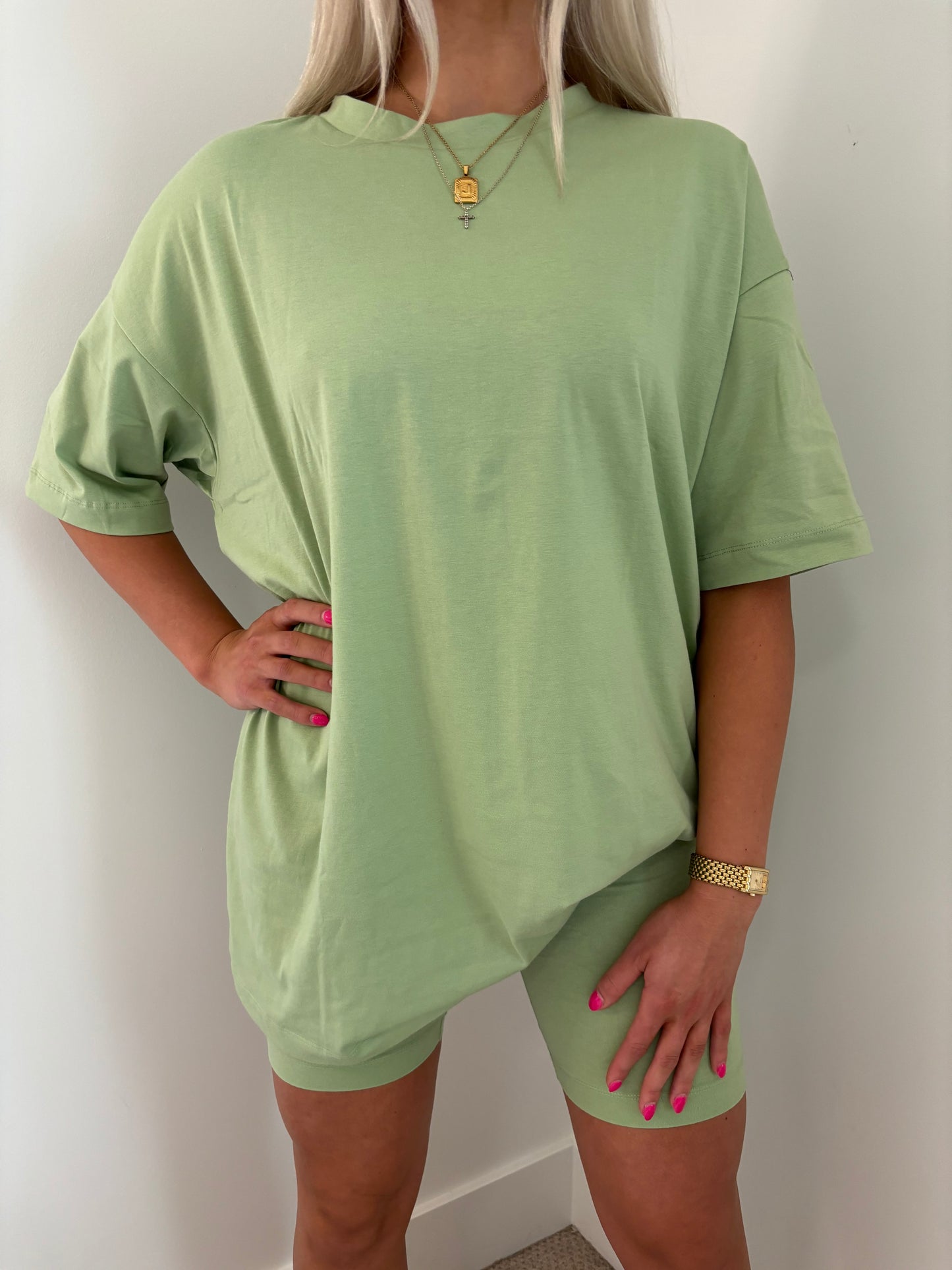 Oversized Tee and Biker Set - Foam Green