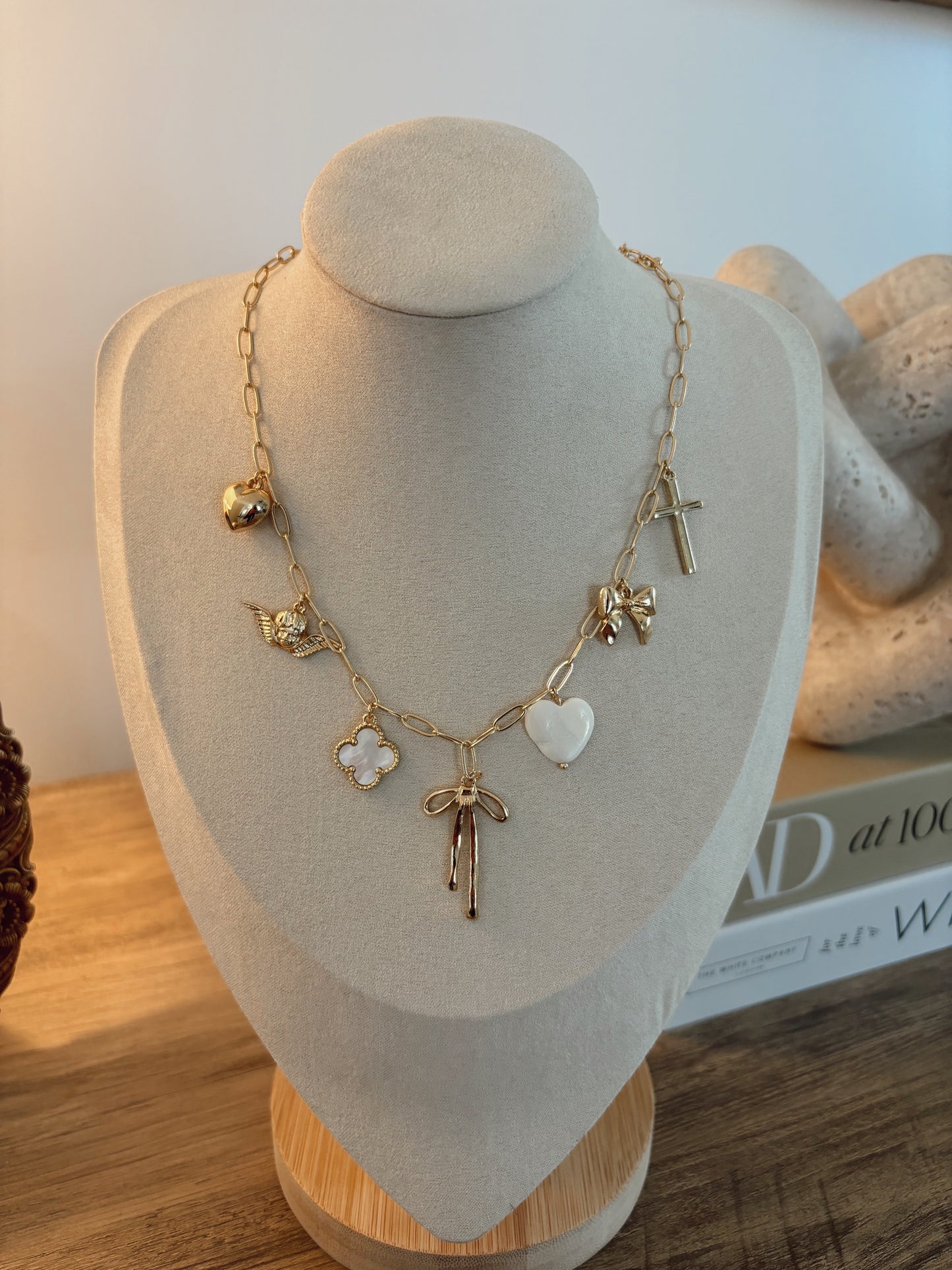 Bow Multi Gold Chunky Charm Necklace